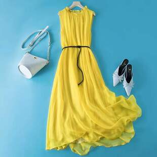 无袖气质真丝连衣裙2023夏季精品女装系腰带大摆裙宽松显瘦中长裙