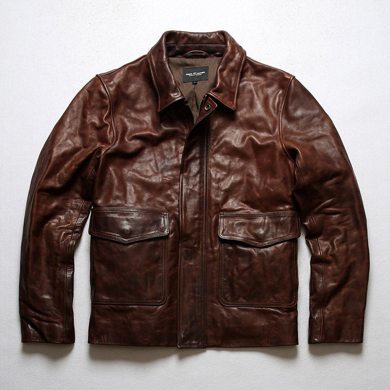 夺宝奇兵 蜡染头层马皮 复古翻领修身短款机车皮夹克潮男真皮皮衣