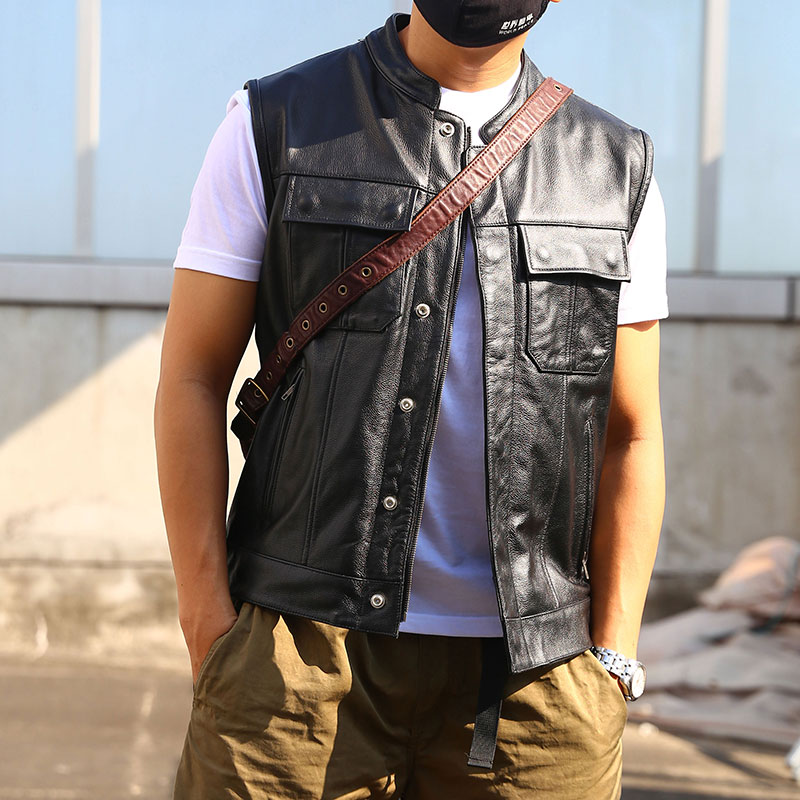 哈雷机车真皮马甲男 头层牛皮 混乱之子立领短款真皮坎肩背心外套