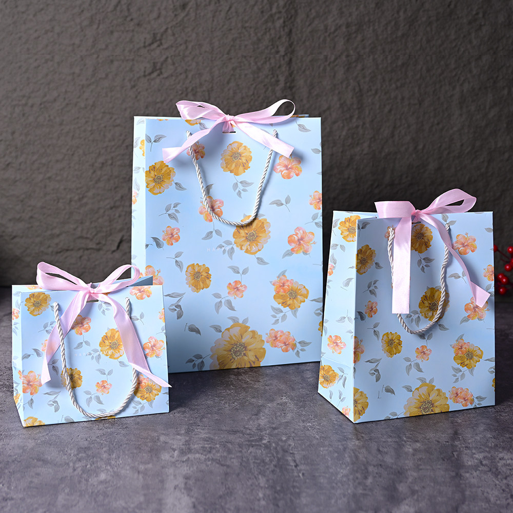 蓝色碎花礼品袋高级感手提袋生日礼物袋包装袋现货纸袋送丝带