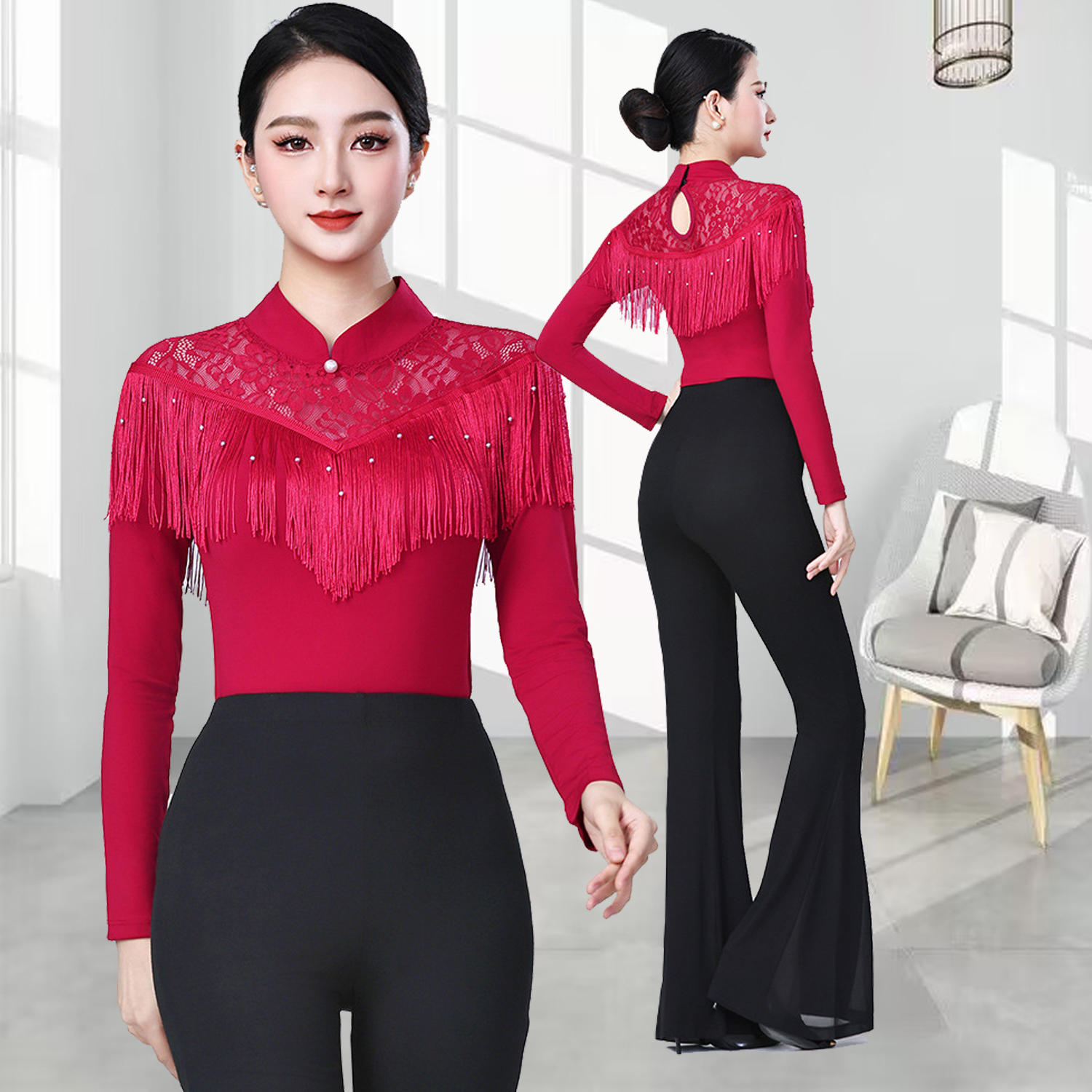 流苏高领现代舞高端导师形体礼仪训练服装女新款广场舞演出服套装