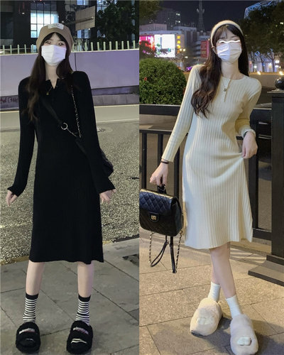 配大衣的毛衣裙女秋冬中长款过膝针织连衣裙修身内搭长袖打底裙子