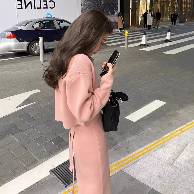 早秋冬季名媛气质御姐轻熟小香风针织毛衣吊带连衣裙子两件套装女