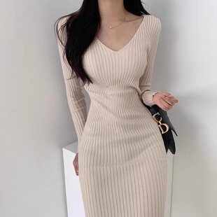 韩国chic气质V领修身 打底裙显瘦百搭长裙子 针织连衣裙女春秋新款