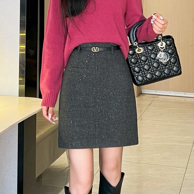 亮片羊毛呢半身裙女秋冬新款设计感高腰直筒包臀裙小个子A字短裙