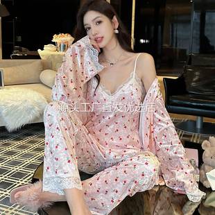 睡袍套装 睡衣女春秋金钻绒睡衣带胸垫甜美性感蕾丝吊带长裤 家居服