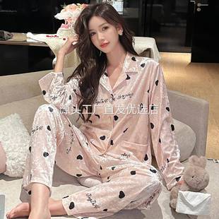 套装 2025秋冬季 长裤 金钻绒睡衣新款 甜美印花金丝绒家居服 女士长袖
