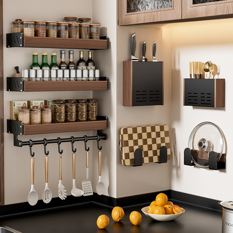胡桃木厨房置物架免打孔壁挂式家用墙上多功能多层调料架收纳架子