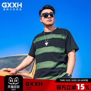 短袖 GxxH大码 新款 潮牌百搭休闲圆领印花宽松夏季 条纹T恤上衣 男装