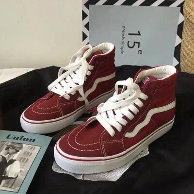 酒红色高帮帆布鞋情侣板鞋