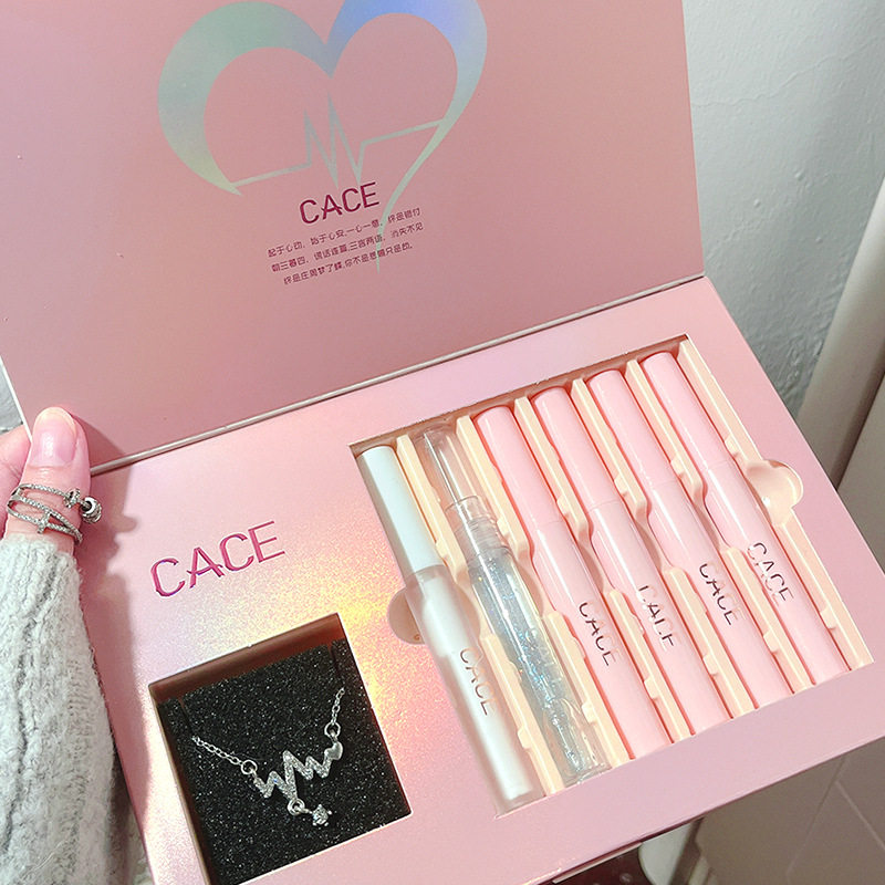 CACE粉红派对唇部彩妆套装6支装 透明唇蜜哑光唇泥滋润唇乳送项链