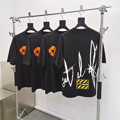 跨境原版重磅全棉Denim Tears木棉花卫衣短袖火焰联名潮流T恤男T