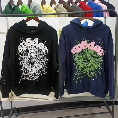 外贸原版450G重磅加绒加厚卫衣发泡印蜘蛛网连帽衫Sp5der hoodies