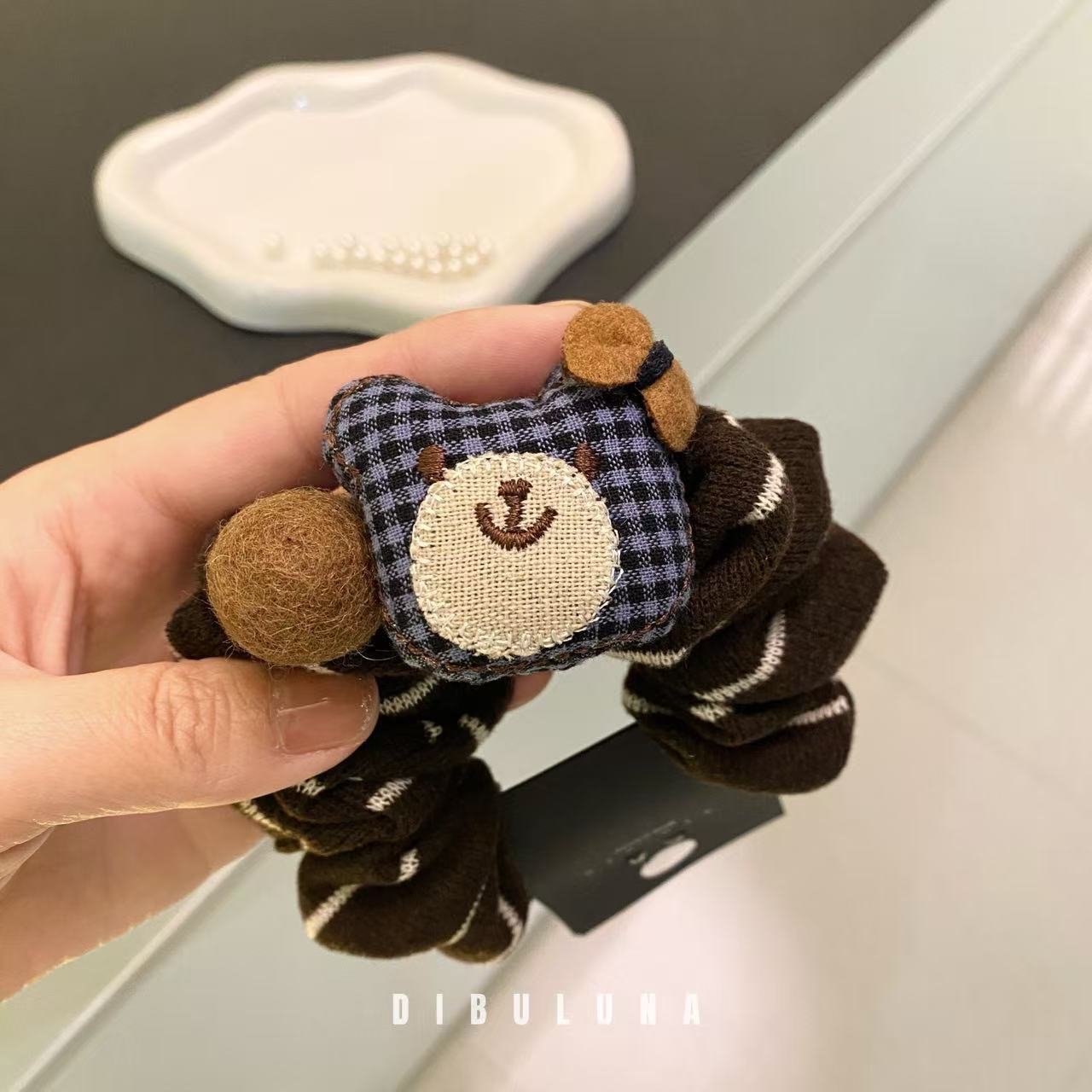 东大门新款可爱格子小熊咖色条纹针织发圈发绳高弹力扎发头绳