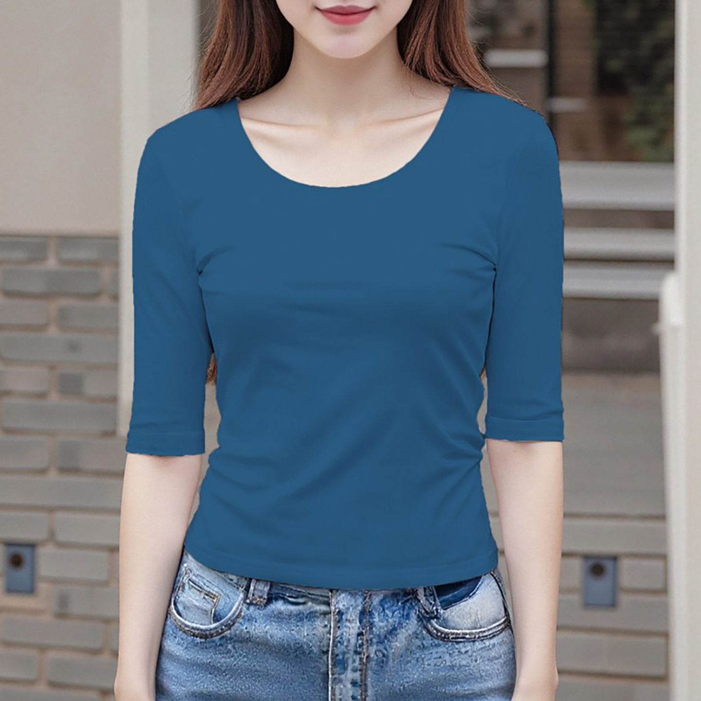 宝蓝色中袖t恤女修身V领纯棉2026春秋季新款五分袖打底衫紧身上衣
