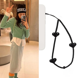 Jenny同款手工串珠黑色爱心珠链手机挂绳欧美ins风短款手腕挂链