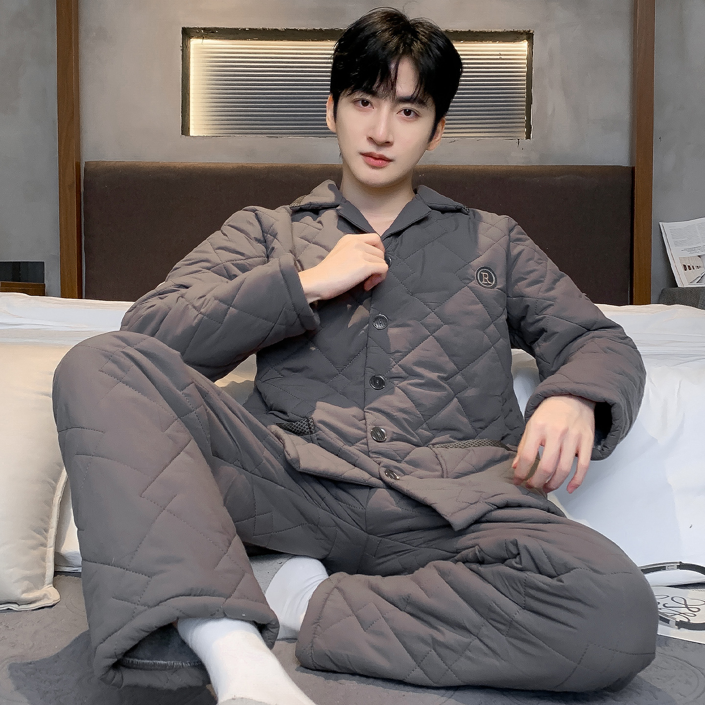 猫人睡衣男士冬季纯棉三层加厚夹棉袄全棉保暖家居服冬天开衫套装