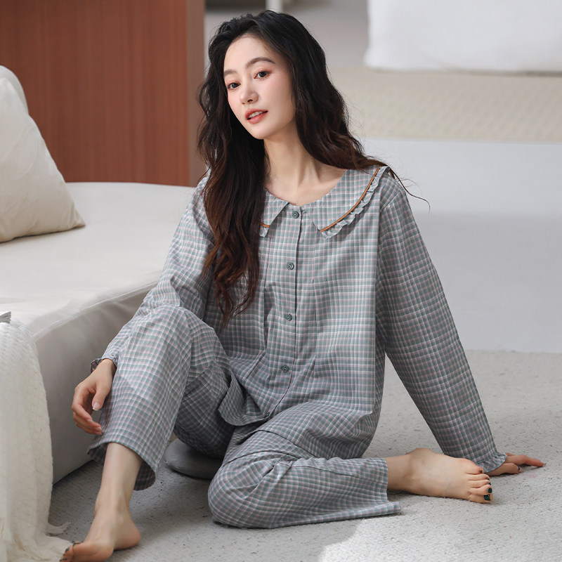 猫人高级感纯棉睡衣女带胸垫春秋款梭织棉娃娃领长袖家居服套装