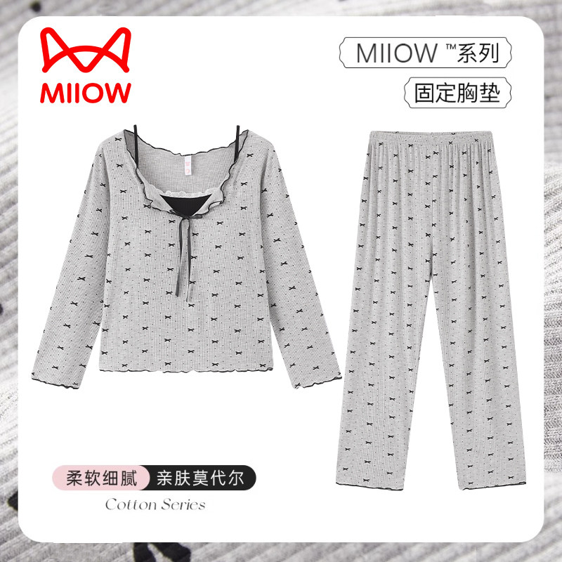 猫人带胸垫睡衣女春秋款长袖