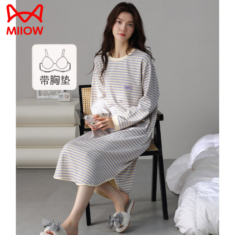 猫人带胸垫睡裙女春秋款