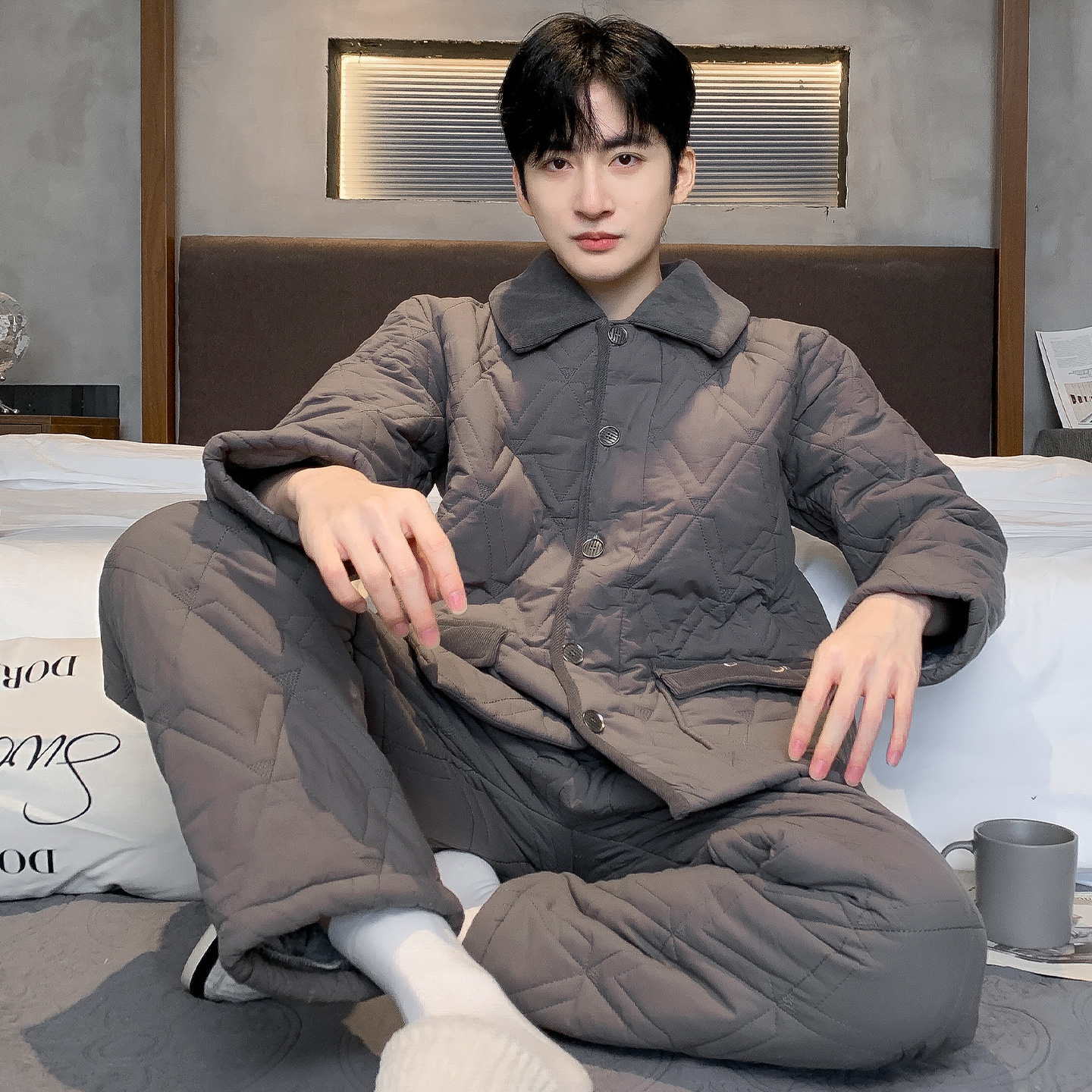 猫人睡衣男士冬季三层加厚夹棉袄加绒纯棉冬款保暖大码家居服套装