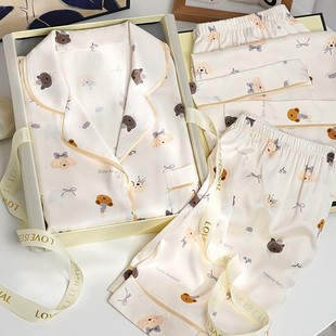 三件套2025新款 短袖 卡通真丝绸送闺蜜礼盒 薄款 猫人冰丝睡衣女夏季