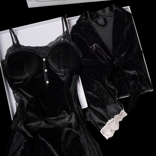 猫人金丝绒睡衣女带胸垫吊带睡裙秋冬季性感高级感睡袍家居服礼盒