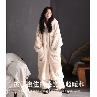 猫人睡衣女冬季 可外穿冬 珊瑚绒加厚加绒睡袍宽松法兰绒家居服套装