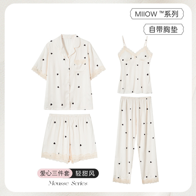 猫人冰丝睡衣女夏季薄款性感吊带短袖短裤长裤四件套高级感家居服