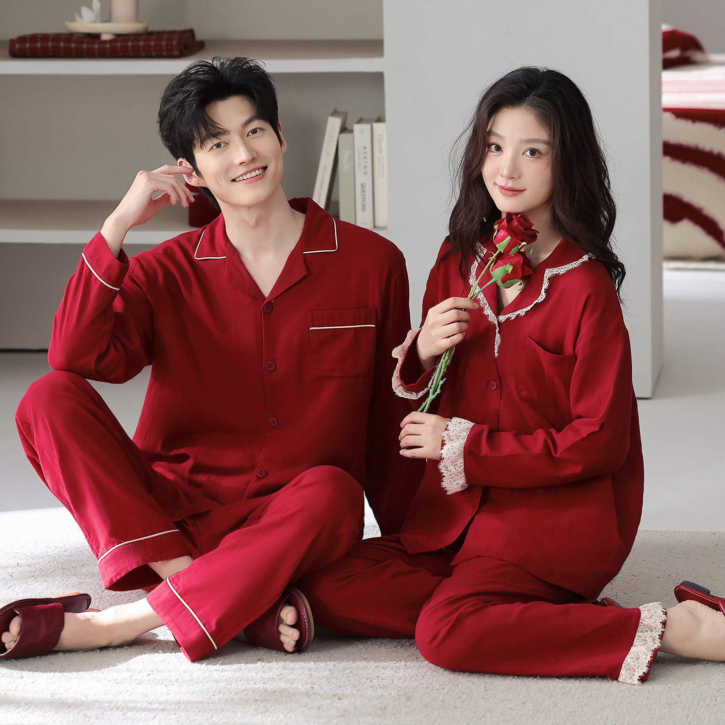 猫人婴儿纯棉睡衣结婚新婚情侣套装春秋款双层纱布红色家居服礼盒