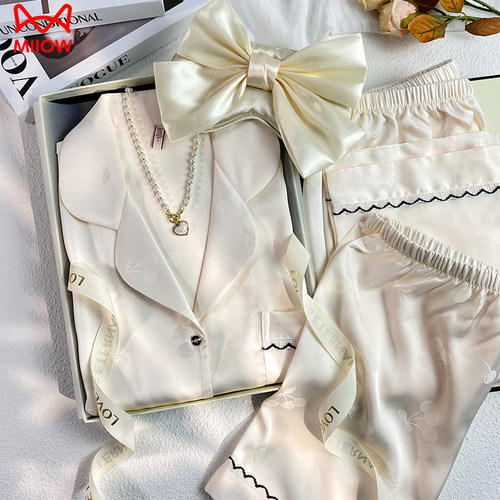 猫人冰丝睡衣女带胸垫春夏季