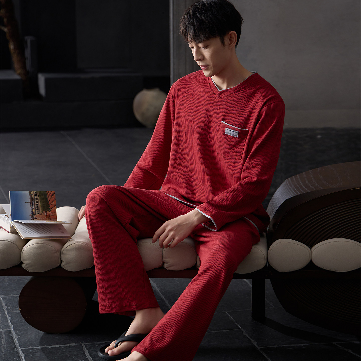 猫人纯棉睡衣男款春秋季长袖红色本命年高级感可外穿家居服套装