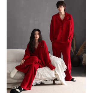 高级感家居服 秋冬季 猫人半边绒红色睡衣结婚新婚情侣套装 2025新款