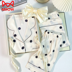 猫人带胸垫真丝睡衣女款夏季冰丝短袖长裤三件套送闺蜜妈妈礼盒装