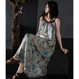 猫人带胸垫冰丝吊带睡裙女夏季2025新款露背中长款睡衣丝绸家居服