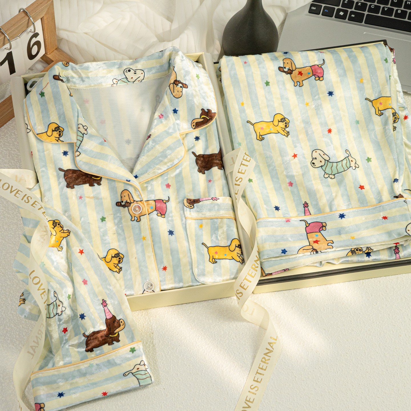 猫人金丝绒睡衣女带胸垫秋冬新款加绒加厚腊肠狗家居服送闺蜜礼盒