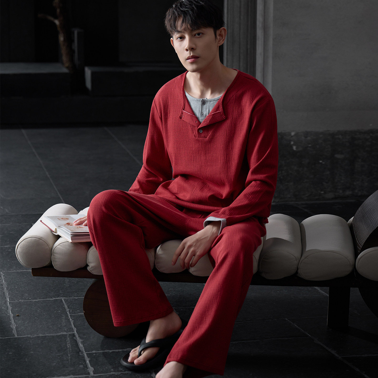 猫人睡衣男款春秋季纯棉长袖高级感假两件宽松大码家居服可外穿