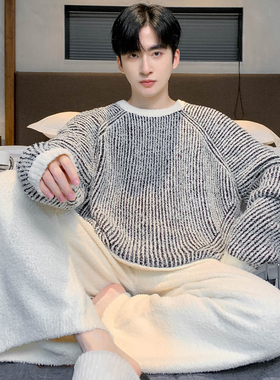 猫人冬季半边绒男士睡衣加厚加绒条纹高级感宽松大码家居服可外穿