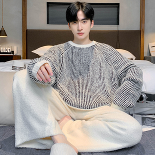 猫人冬季半边绒男士睡衣加厚加绒条纹高级感宽松大码家居服可外穿