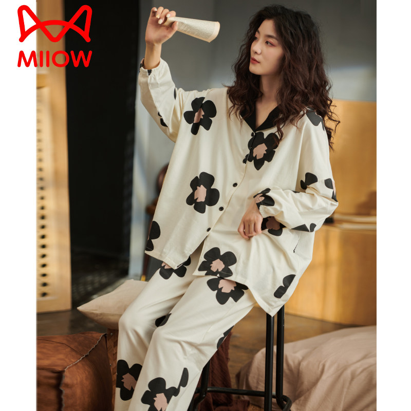 猫人纯棉睡衣女款带胸垫春秋款长袖2026新款宽松大码家居服可外穿