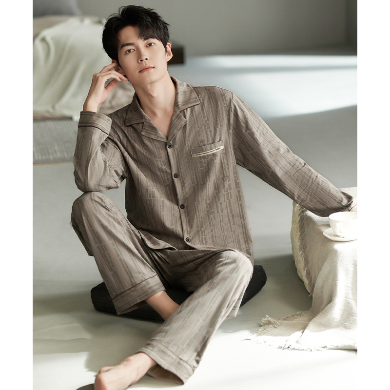 猫人男士睡衣春秋季纯棉薄款开衫长袖长裤家居服大码套装可外穿秋