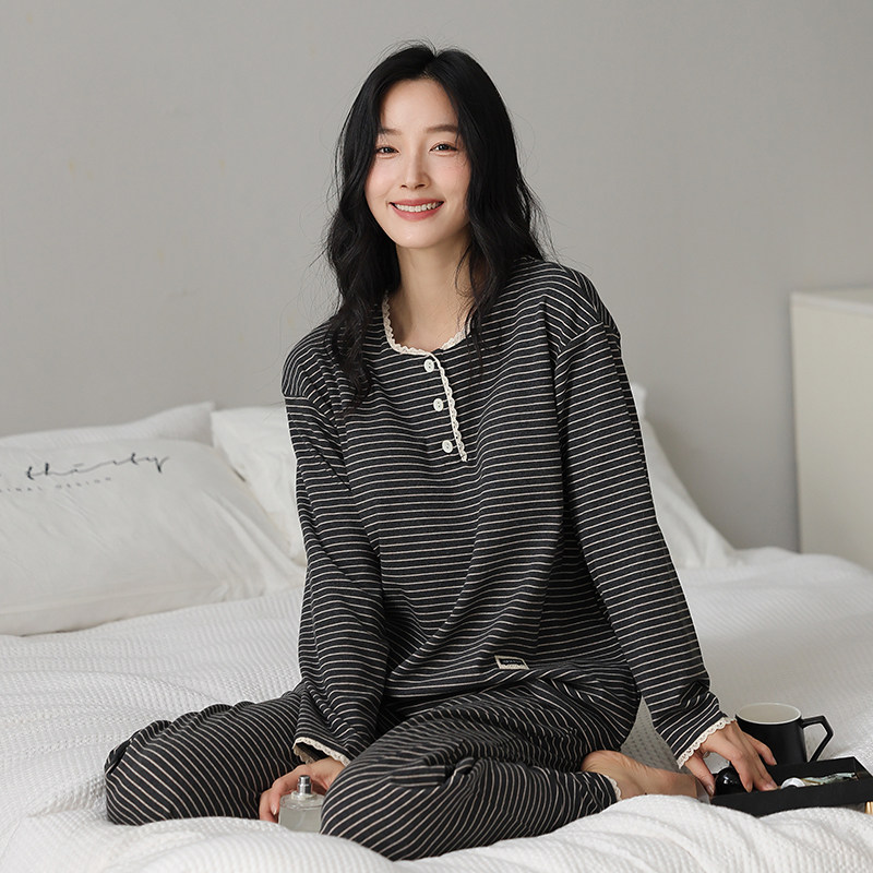 猫人纯棉睡衣女带胸垫春秋款