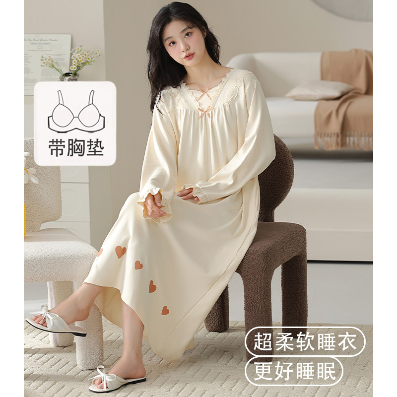 猫人带胸垫睡裙女春秋款长袖纯棉