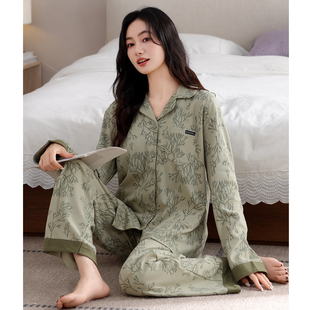 猫人高级感纯棉睡衣女春秋款带胸垫长袖2025宽松家居服可外穿套装
