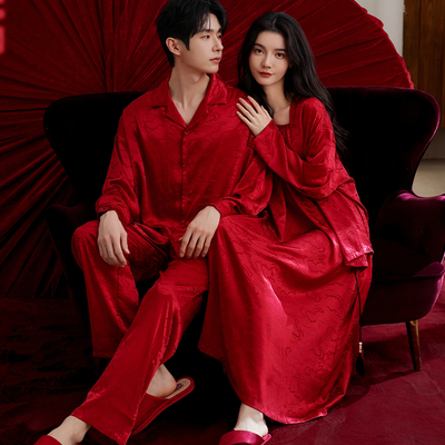 猫人红色情侣新婚睡衣冰丝长袖
