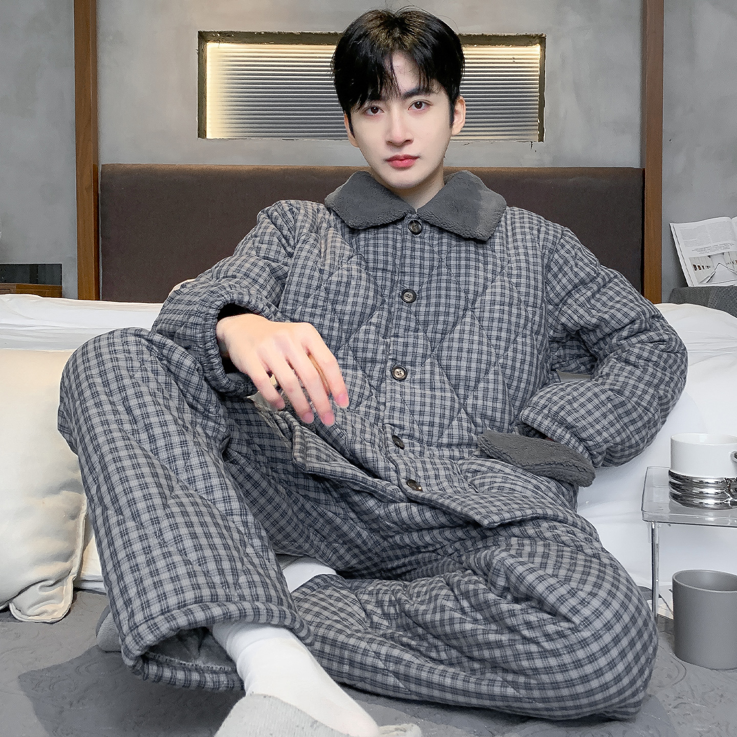 猫人冬季男士睡衣纯棉三层加厚夹棉冬天加大码棉袄家居服保暖套装