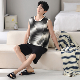 猫人男士睡衣夏季莫代尔棉无袖背心短裤青少年宽松大码凉感家居服