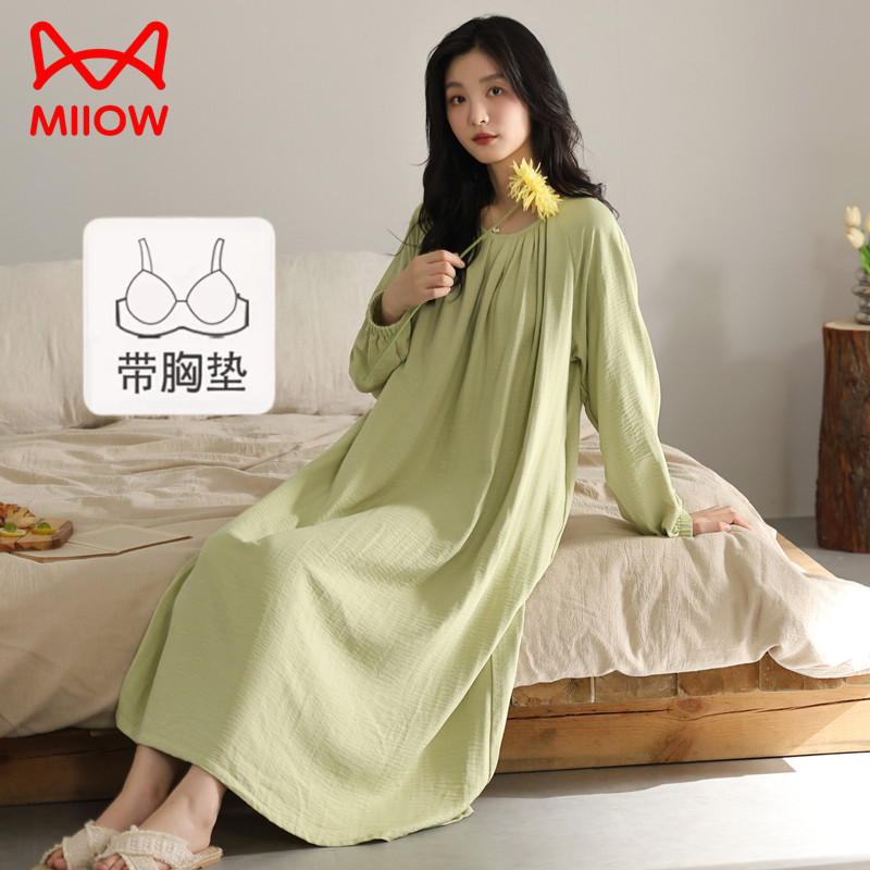猫人长袖睡裙女带胸垫春秋季