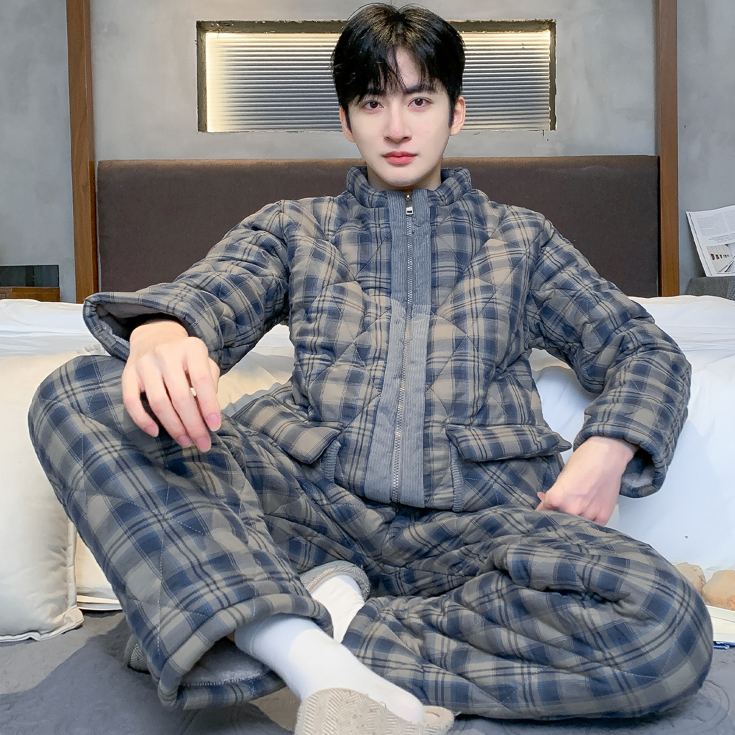 芬腾纯棉三层加厚夹棉睡衣秋冬男