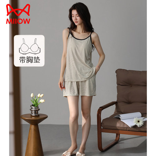 猫人带胸垫睡衣女夏季凉感纯棉